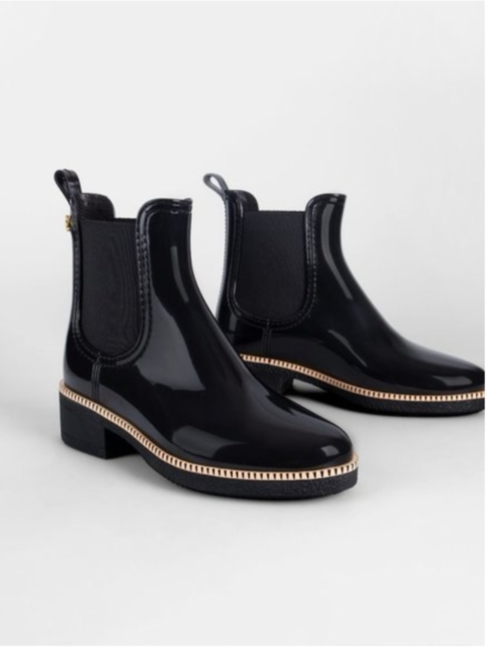 Lemon Jelly Ava Patent Black Chelsea Ankle Boots with Tan Trim